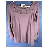 XL Purple Sweater w/Crochet Neckline, 3/4 Sleeves