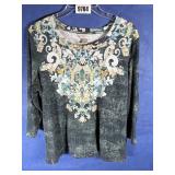 XL 3/4 Sleeve Top, Teal Blue & White By C&B