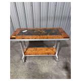 Rustic Hardwood Distressed Metal Inlay Rolling Table w/ Matching Bottom Shelf