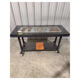 Hardwood Series Rustic Distressed Metal Rolling Table w/ Matching Bottom Shelf