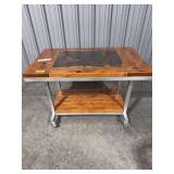 Hardwood With A Rustic Distressed Metal Inlay Table on Wheels w/ Hardwood Bottom Shelf