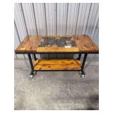 Hardwood With A Rustic Distressed Metal Inlay Rolling Table  w/ Hardwood Bottom Shelf