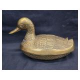 Vtg Solid Brass Mallard Duck Lidded Trinket Dish