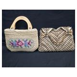 Pair of Vintage Style Woven Wood Handle Hand Bags