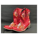 Red Faux Leather Embroidered Cowboy Boots Size 43