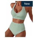 Women's High Waisted 2 Piece Halter Patch Pocket