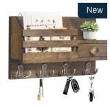 Wooden Key Mail Organizer, 8 Hooks, Brown