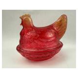 Amberina Pressed Glass Hen on Nest Dish