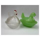 Pair Vtg Pressed Glass Hen on Nest