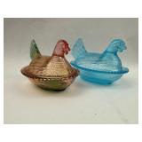 Pair Vtg Pressed Glass Hen-on-Nest