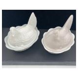 Pair Milk Glass Hen on Nest Dishes