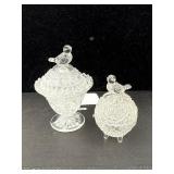 Pair Pressed Glass Lidded Bird Items