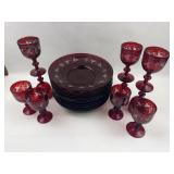 Etched Grape Ruby Glass Goblet & Plate