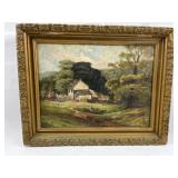 19th C. Folk Art Oil Landscape w/ Cows
