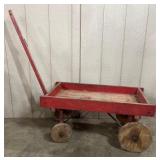 Vtg Red Painted Wood Childs Pull Wagon