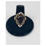 14K Gold Smoky Quartz & Seed Pearl Ring