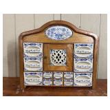 Vtg 12-Drw Wood Spice Cabinet w/Ceramic