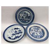 Trio Blue & White Chinese & Wood Plates