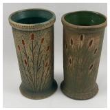 Pair Red Wing Cattail Brush Ware Vases