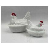 Pair Milk Glass Hen-on-Nest Dishes