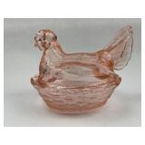 Pink Pressed Glass Hen on Nest Dish