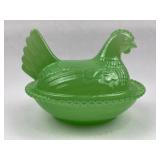 Opaque Green Pressed Glass Hen on Nest