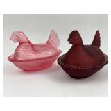 A Pair of Kemple Frosted Glass Hen on Nest Covered