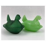 Pair Green Molded Glass Hen on Nest