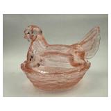 Pink Pressed Glass Hen on Nest Dish