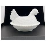 Milk Glass Hen on Nest Beaded Rim Dish