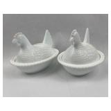 Pair Milk Glass Hen on Nest Dishes