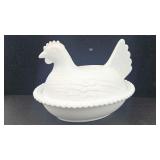 Iridescent Milk Glass Hen on Nest Dish