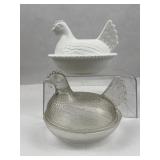 Pair Pressed Glass Hen on Nest Dishes