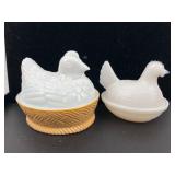 Pair Glass Hen on Nest Dishes w/ Avon