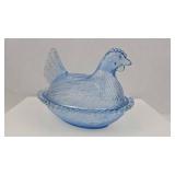 American Blue Pressed Glass Hen on Nest