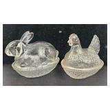 Pair Clear Figural Glass Covered Dishes