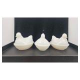 Set White Milk Glass Hen on Nest Dishes
