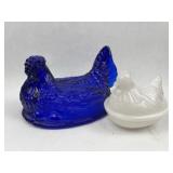 Two Pressed Glass Hen Figural Items