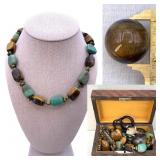 Stone & Str. Jewelry w/ Carved Wood Box