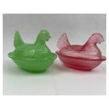 Pair Pressed Satin Glass Hen on Nest