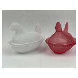Pair Satin Glass Hen on Nest Dishes