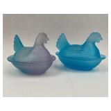 Pair Frosted Satin Glass Hen on Nest