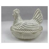 Iridescent White Glass Hen on Nest Dish