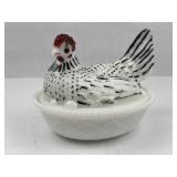 Painted Milk Glass Hen on Nest Dish