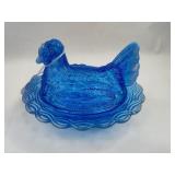 Blue Glass Hen on Nest Covered Dish