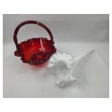 2 American Art Glass: Basket & Horn
