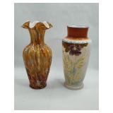 Pair Glass Vases: Spatter & Cased Milk