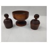 3 Treenware Pieces: Compote & Stamps