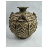 Ceramic Foliate Vase w/ Bamboo Handles