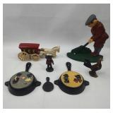 Set Painted Cast Iron Wagon & Skillet